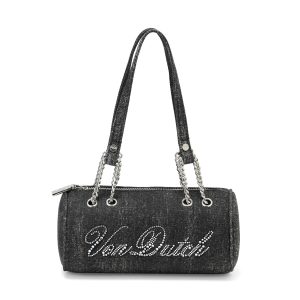 Long Barrel Black Denim Rhinestone