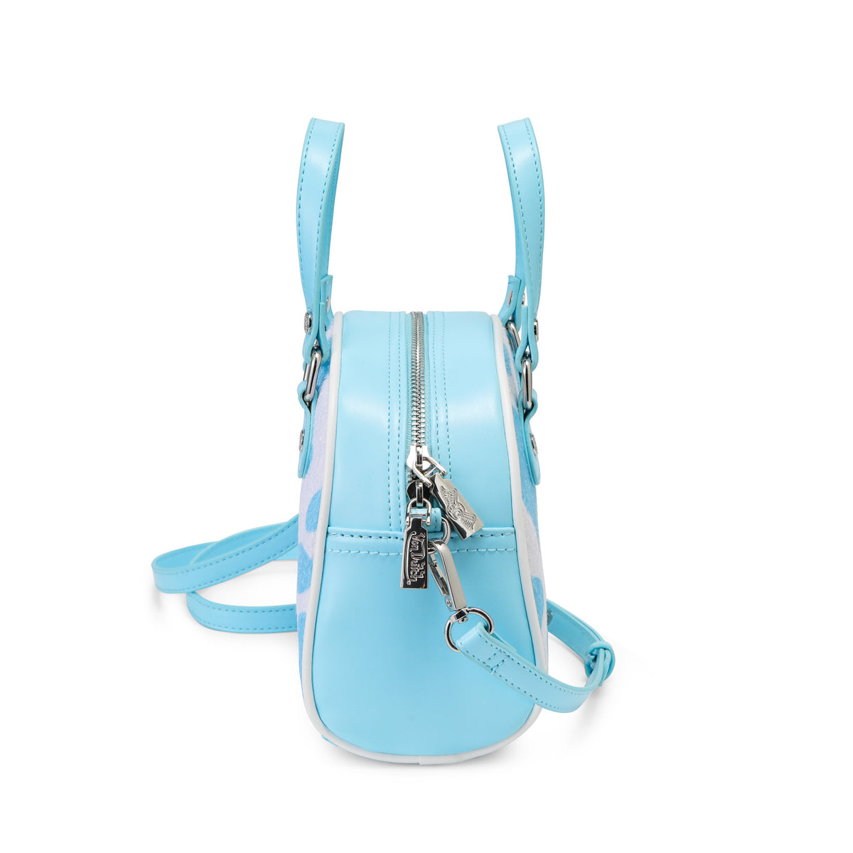 Light Blue & White Cow Print Vegan Pony Hair Bowling Bag