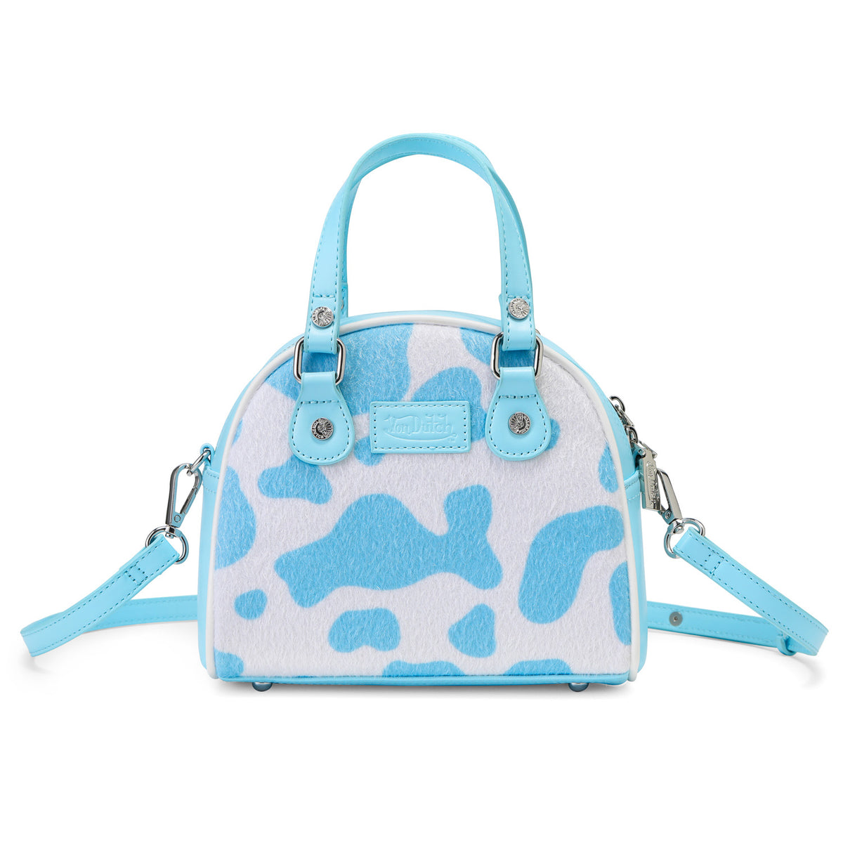 Light Blue & White Cow Print Vegan Pony Hair Bowling Bag