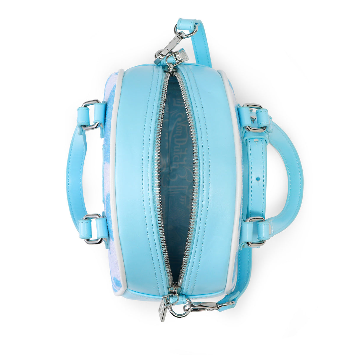 Light Blue & White Cow Print Vegan Pony Hair Bowling Bag