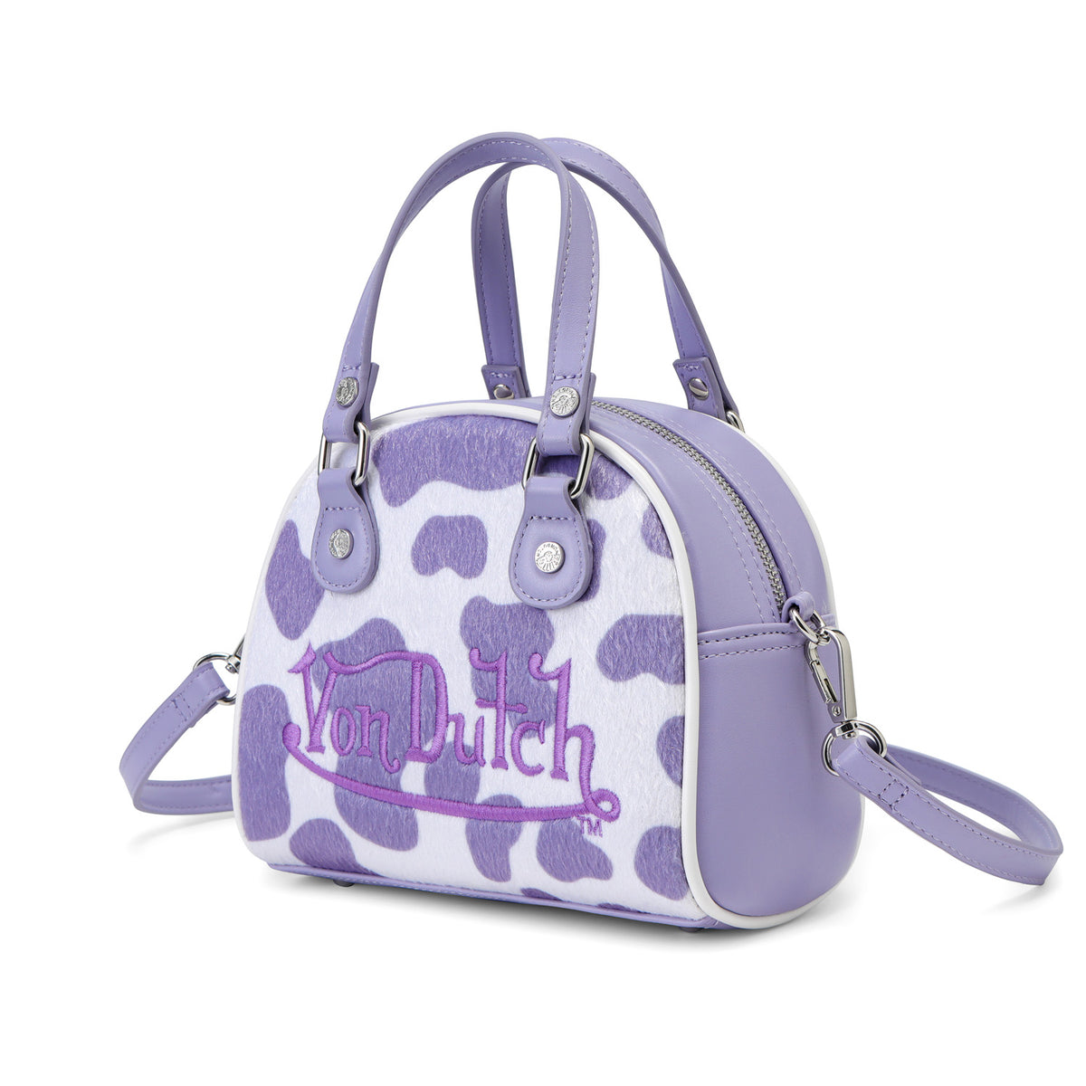 Purple & White Cow Print Vegan Pony Hair Bowling Bag