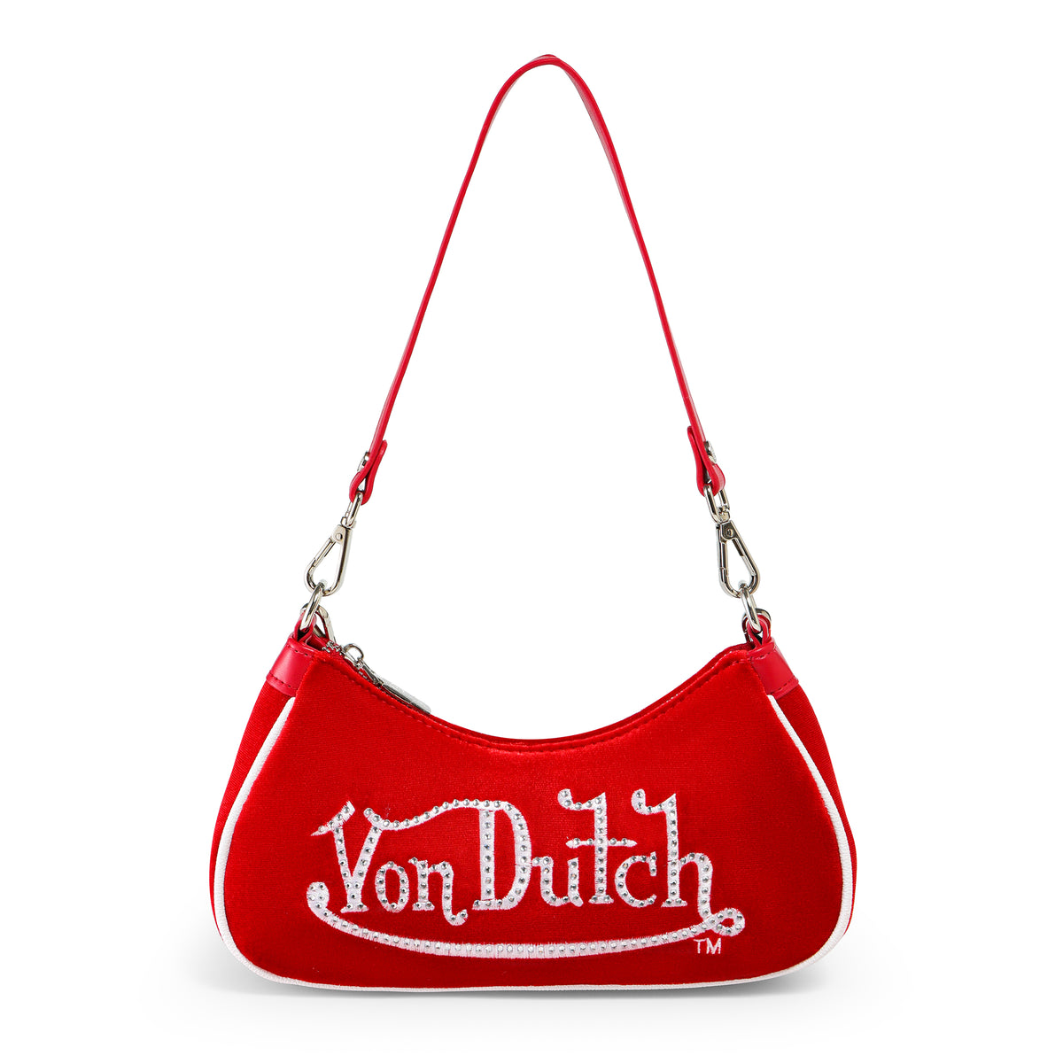 Red & White Rhinestone Velvet Shoulder Bag