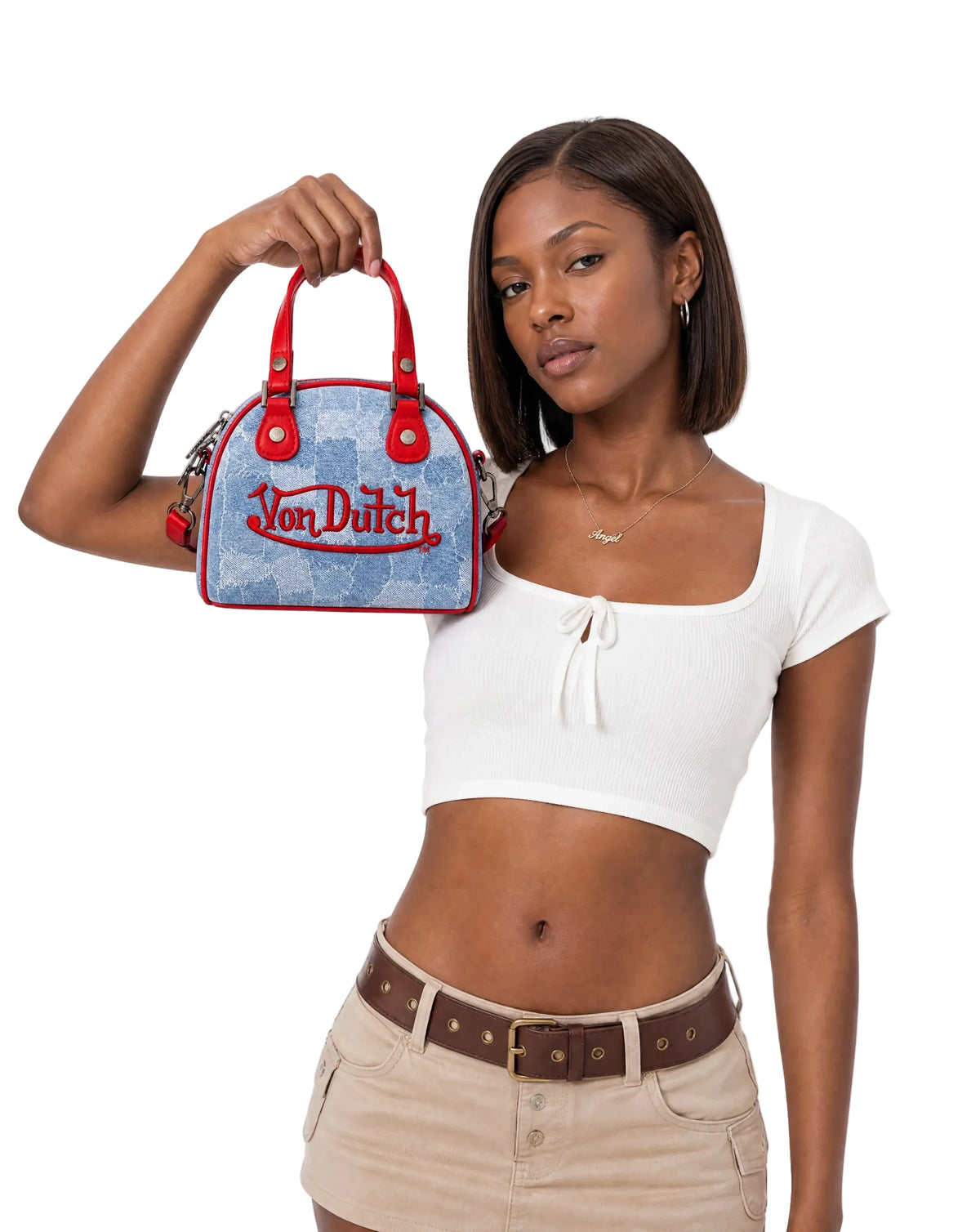 Red Patch Denim Bowling Bag — Light Wash