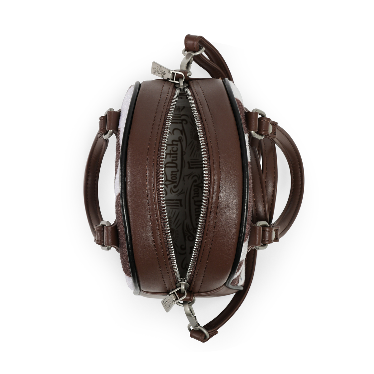 Brown & White Cow Print Vegan Pony Hair Bowling Bag