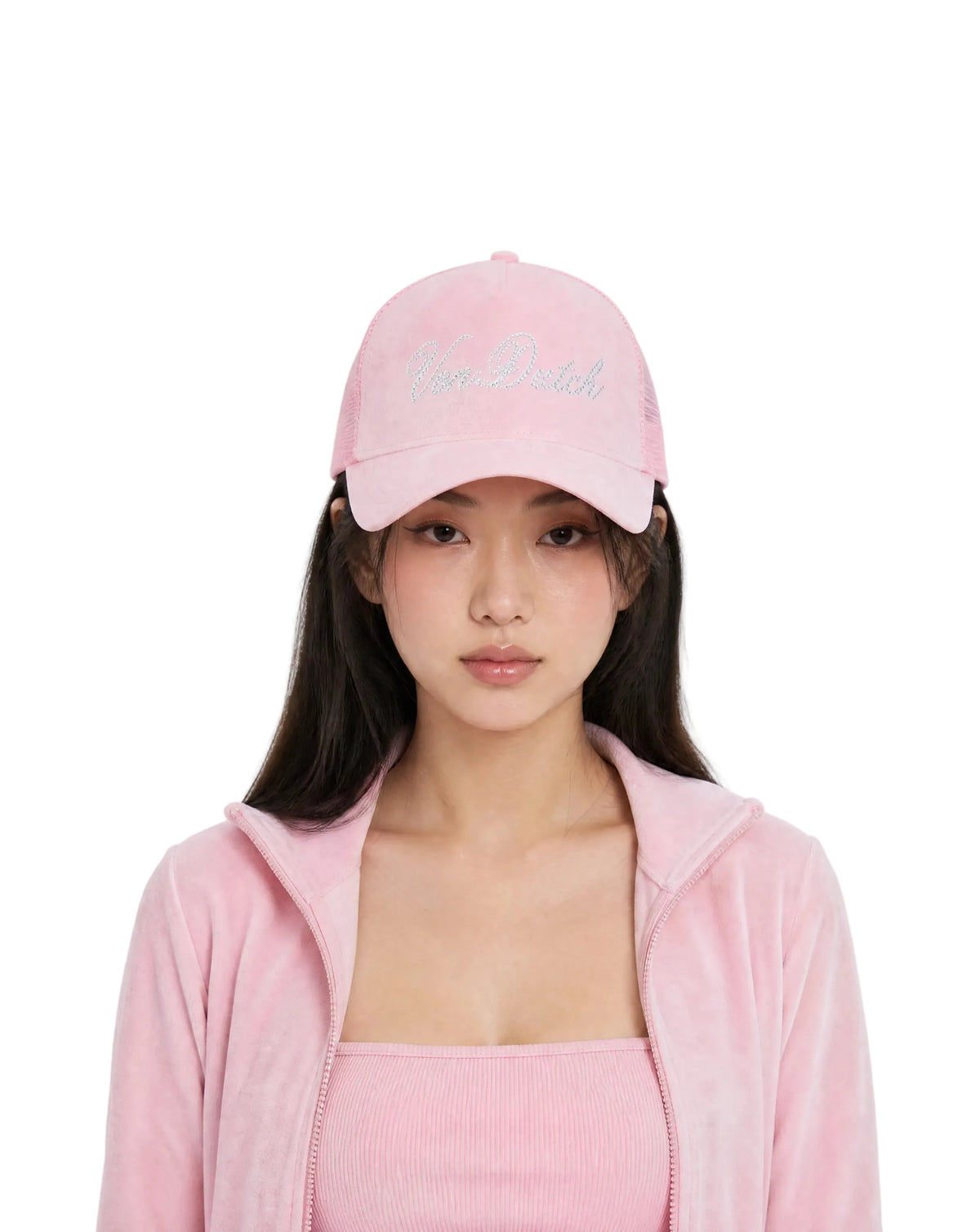 Baby Pink Velour Rhinestone Trucker Hat