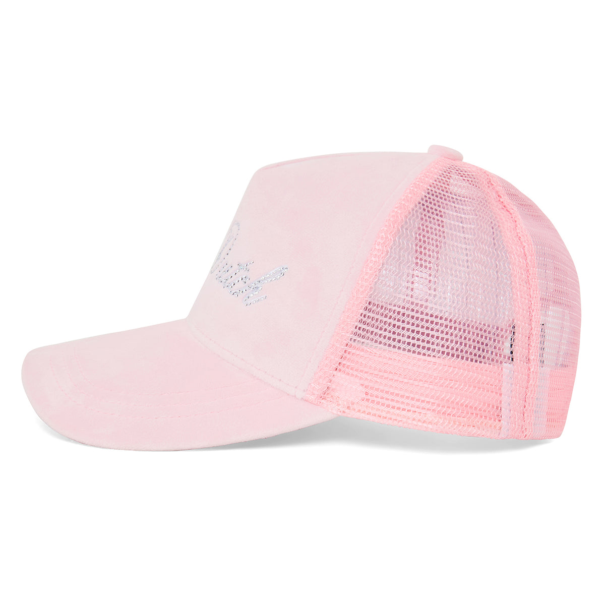 Baby Pink Velour Rhinestone Trucker Hat