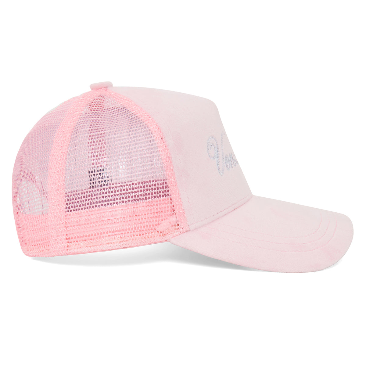 Baby Pink Velour Rhinestone Trucker Hat