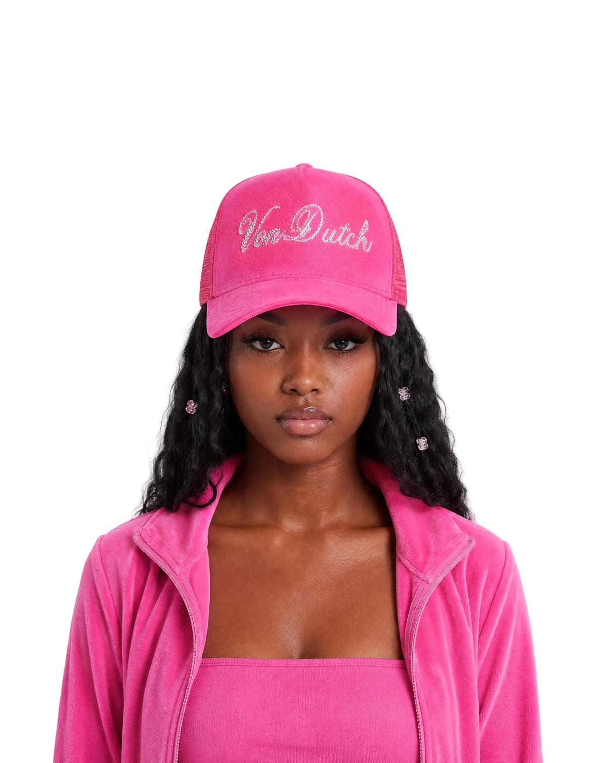 Hot Pink Velour Rhinestone Trucker Hat