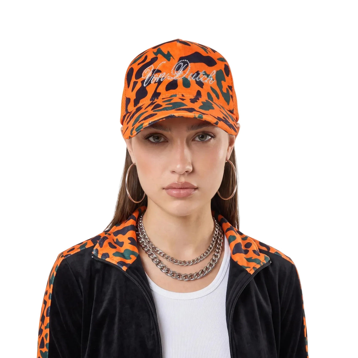 Orange Camo Velour Rhinestone Trucker Hat
