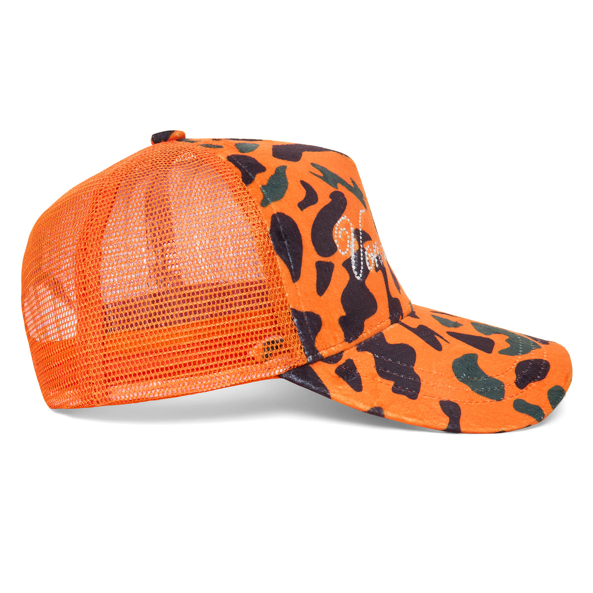 Orange Camo Velour Rhinestone Trucker Hat