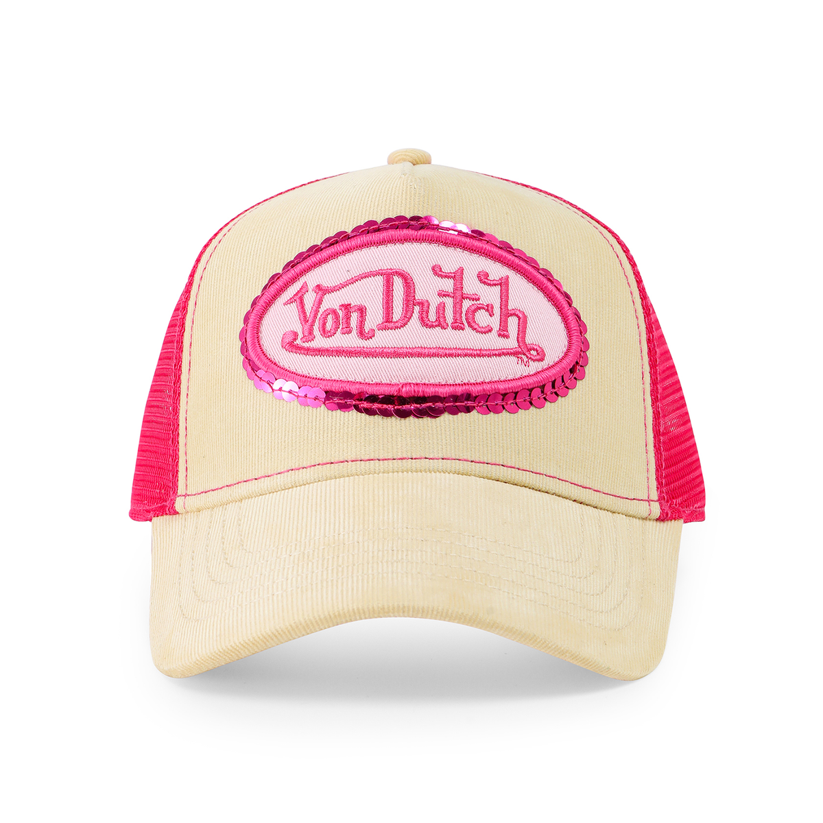 Pink Sequin on Beige Trucker Hat