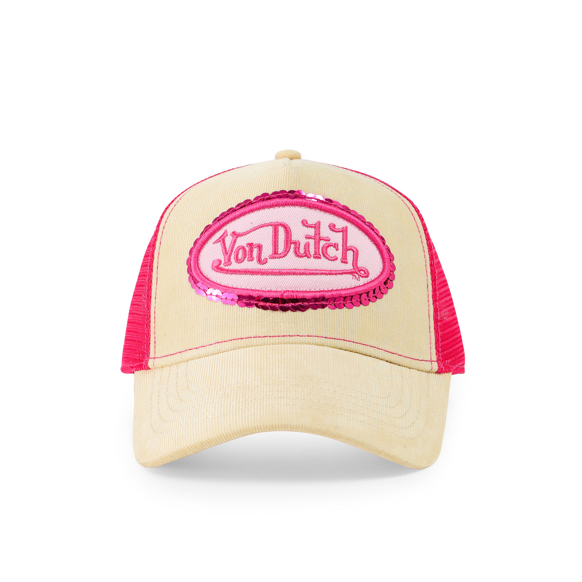 Pink Sequin on Beige Trucker Hat