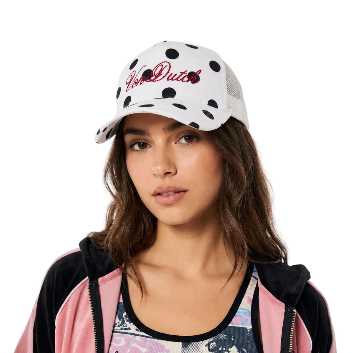 Polka Dot Velour Rhinestone Trucker Hat