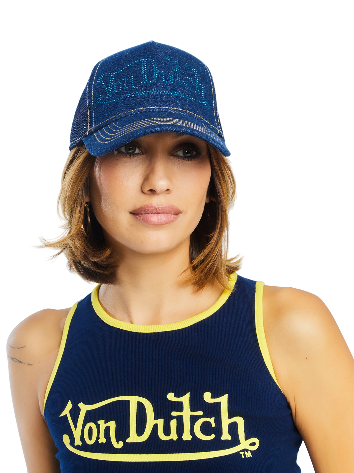 Navy Rhinestone Logo Denim Trucker Hat